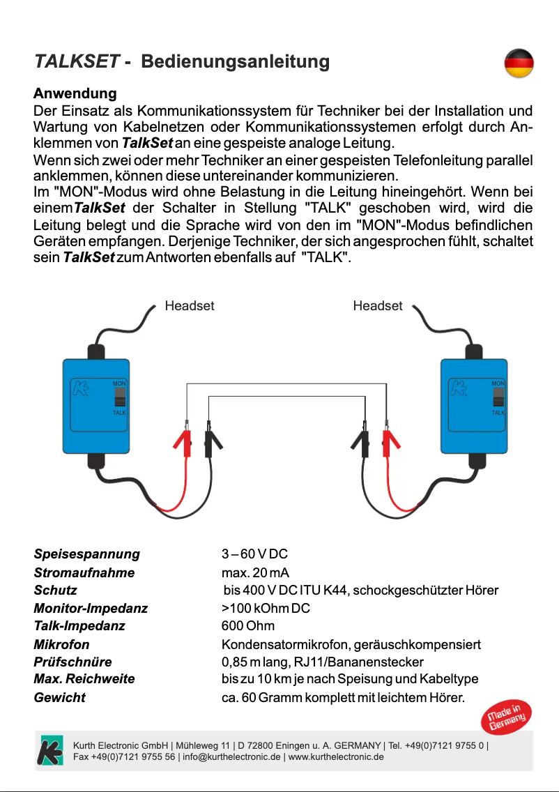 Page n°1 - Manuel utilisateur Kurth Electronic TalkSet
