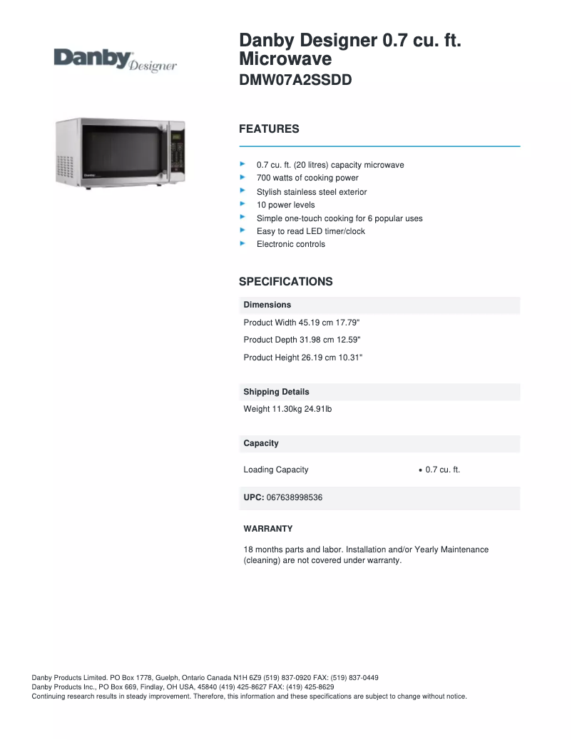Page 1 de la notice Fiche technique Danby DMW07A2SSDD