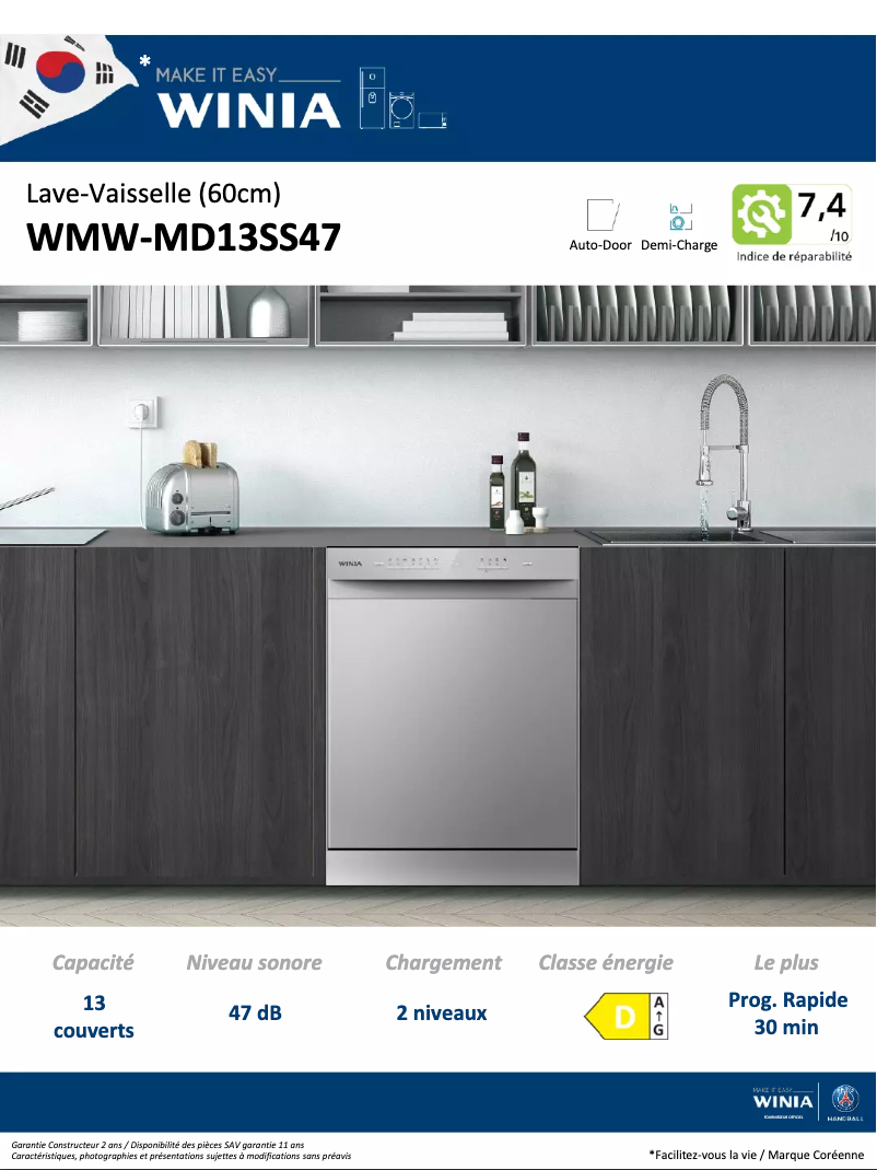 Page 1 de la notice Fiche technique Winia WMW-MD13SS47