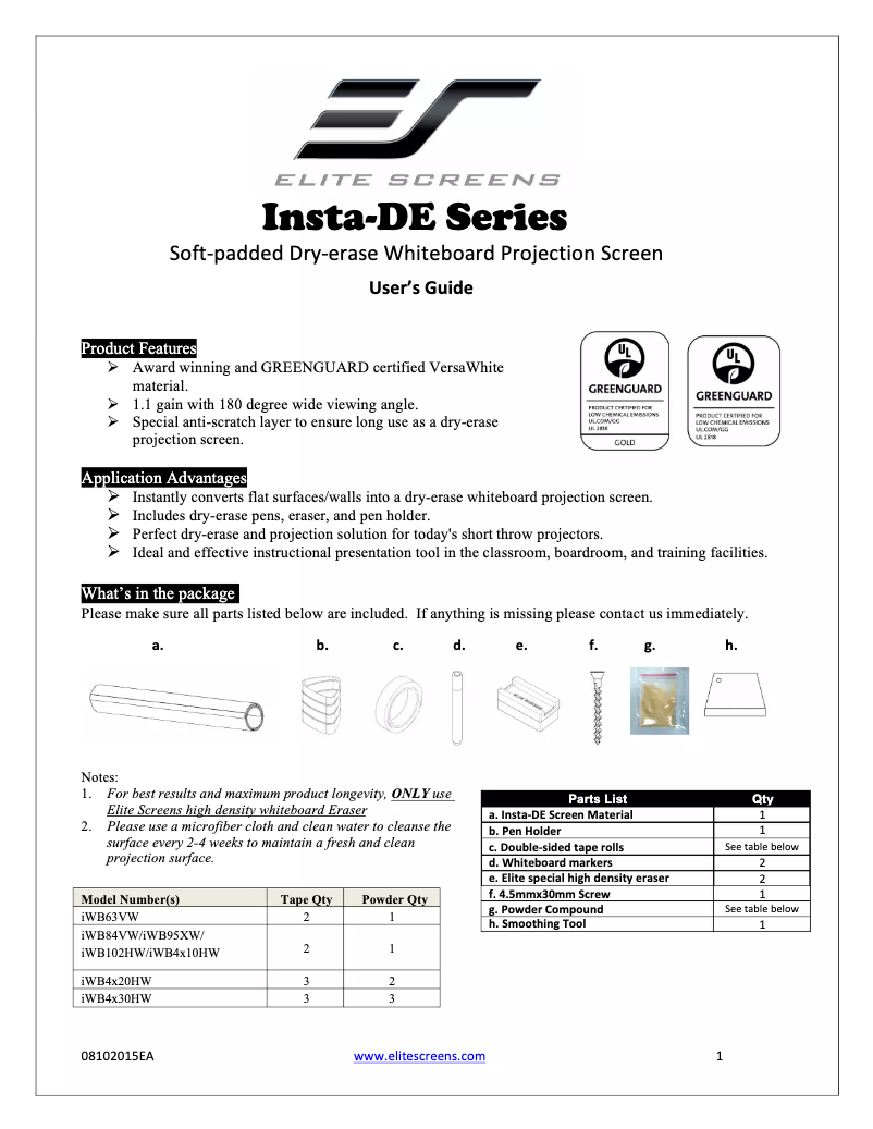 Page 1 of the manual User Manual Elite Screens Insta-DE iWB84VW
