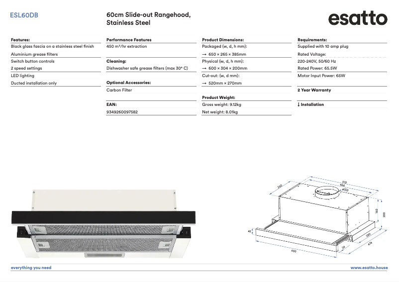 Page 1 de la notice Fiche technique Esatto ESL60DB