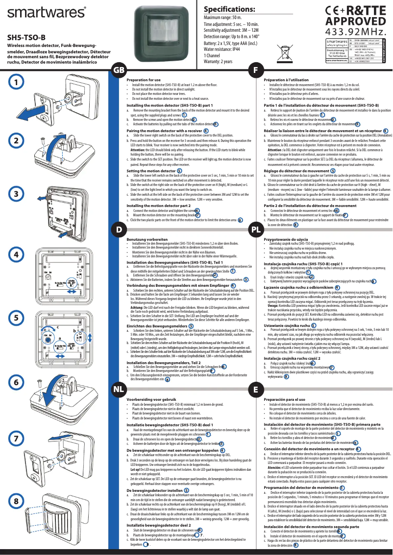 Page n°1 - Manuel utilisateur Smartwares SH5-TSO-B