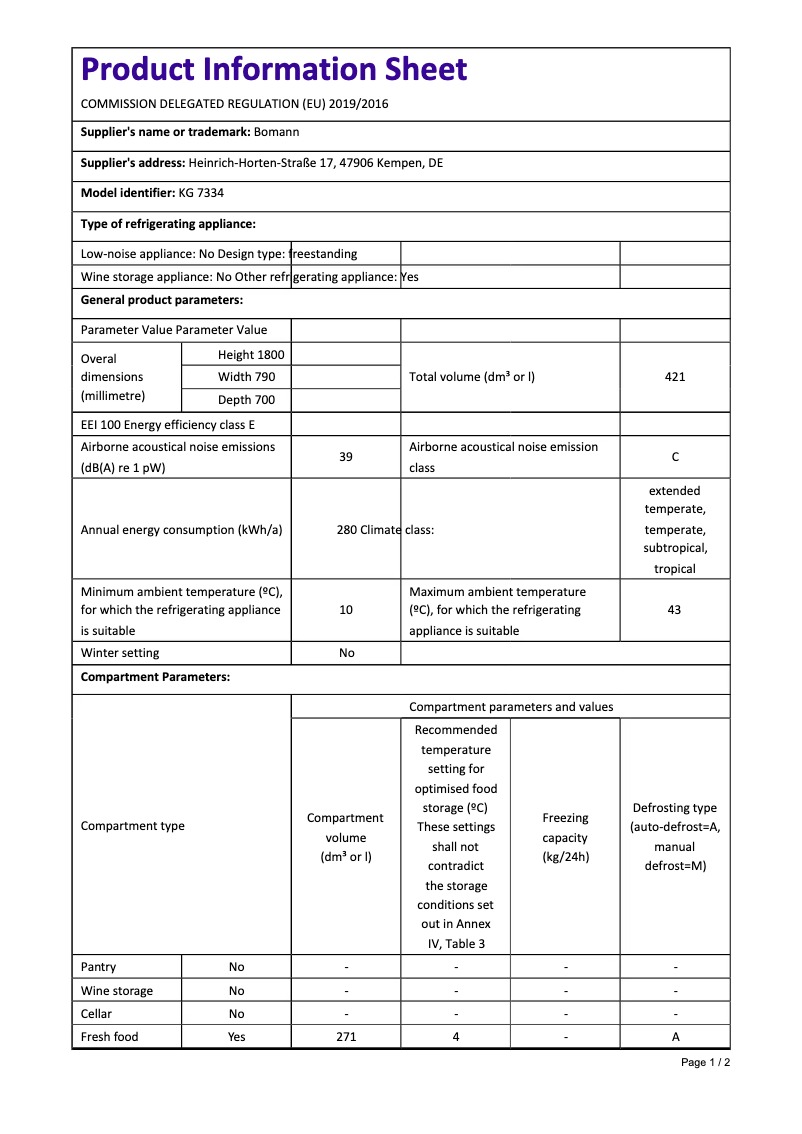 Page 1 de la notice Fiche technique Bomann KG 7334 CD