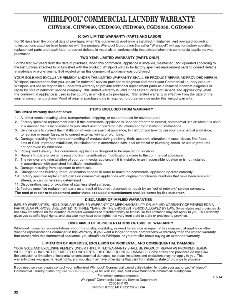 Page 1 de la notice Informations de garantie Whirlpool CED9060A