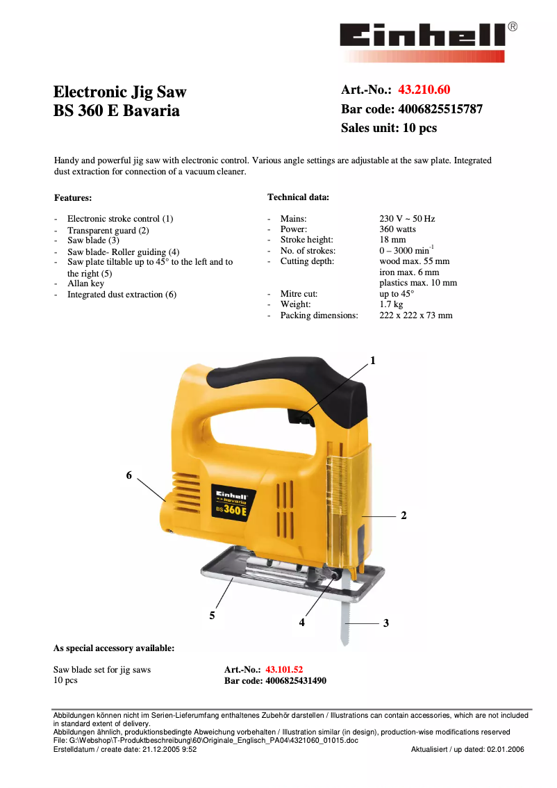 Page 1 de la notice Manuel utilisateur Bavaria by Einhell Bavaria BS 360 E