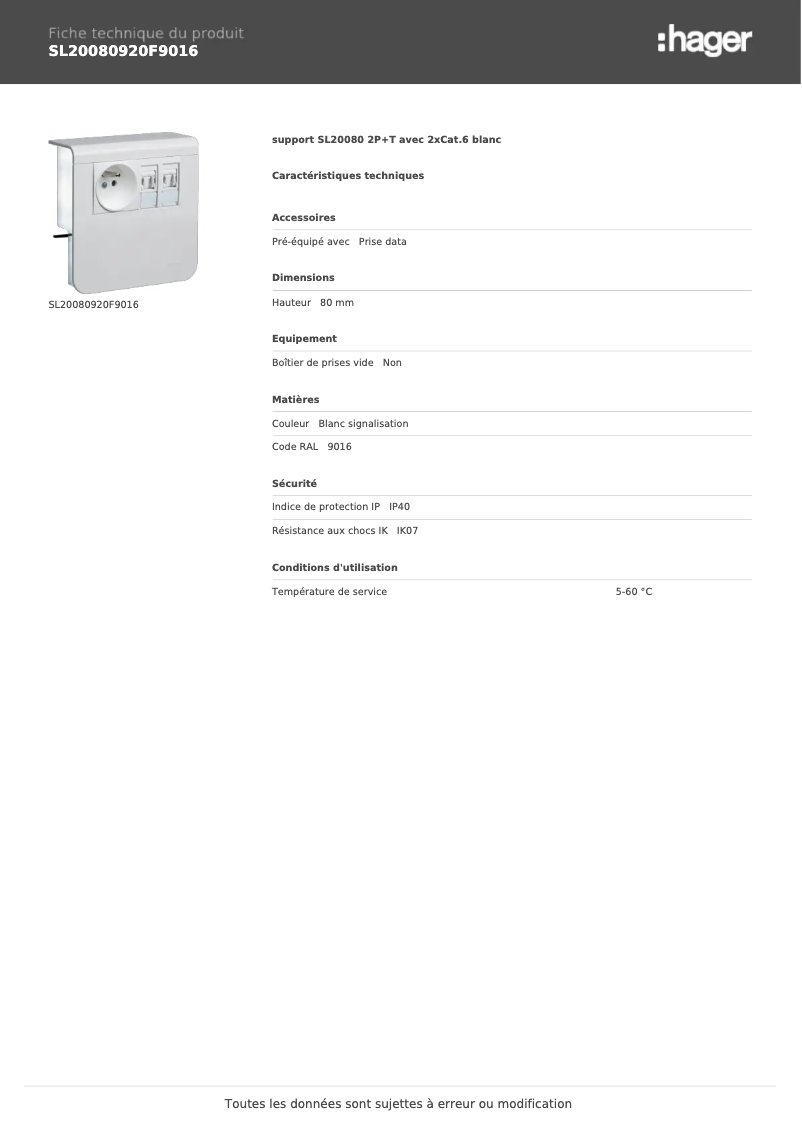 Page n°1 - Fiche technique Hager SL20080920F9016