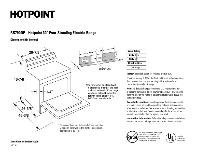 Page 1 de la notice Fiche technique Hotpoint RB790DPBB