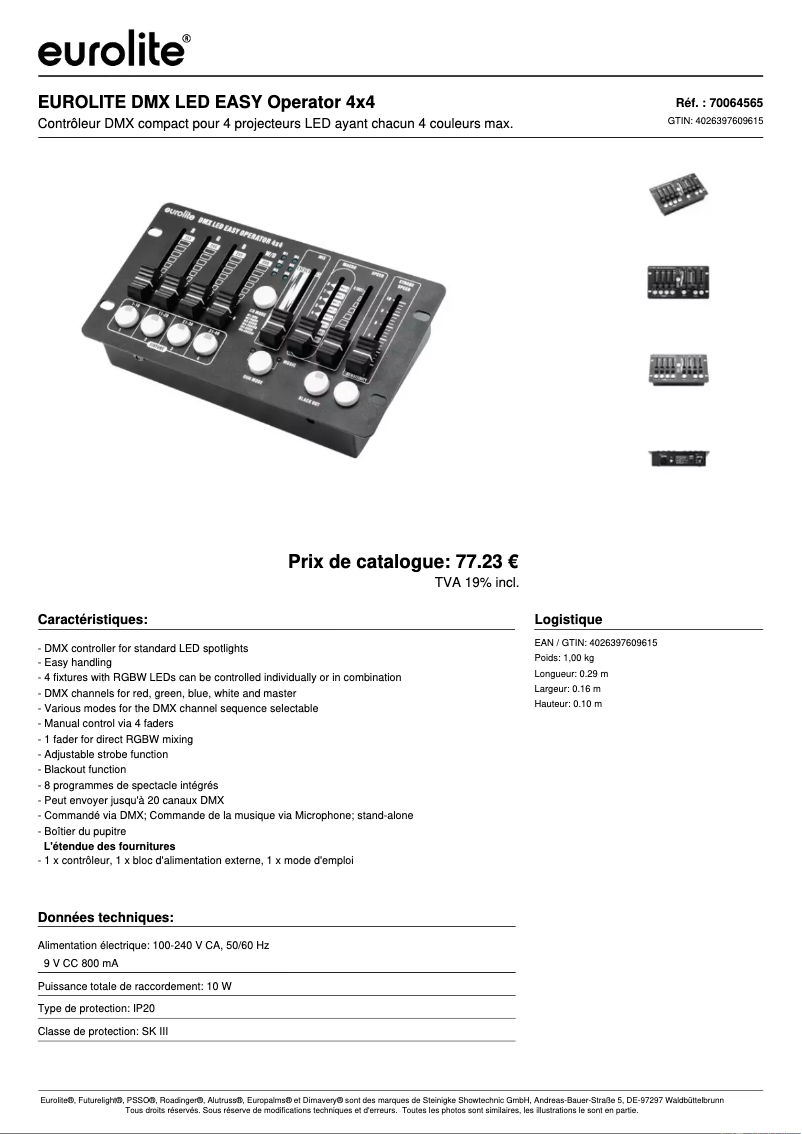 Page 1 de la notice Fiche technique Eurolite DMX LED EASY Operator 4x4