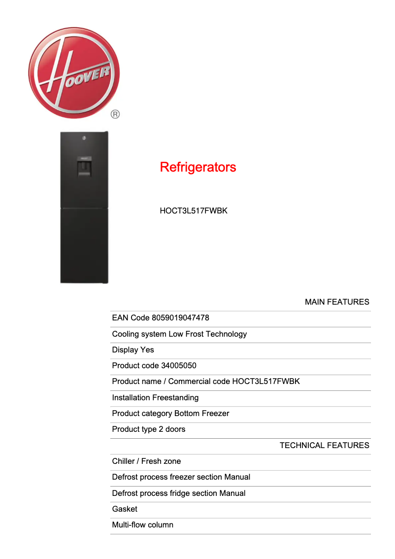 Page n°1 - Fiche technique Hoover TRF-39LE