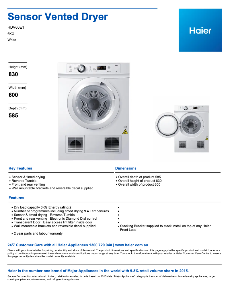 Page 1 de la notice Fiche technique Haier HDV60E1