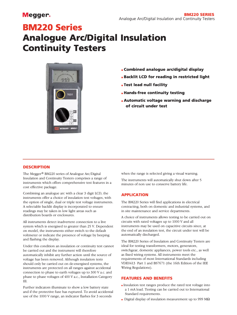 Page 1 de la notice Fiche technique Megger BM220
