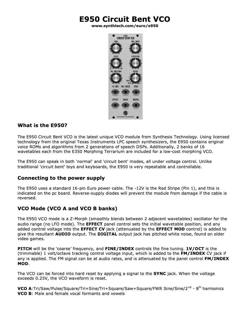 Image de la première page du manuel de l'appareil E950 Circuit Bent VCO