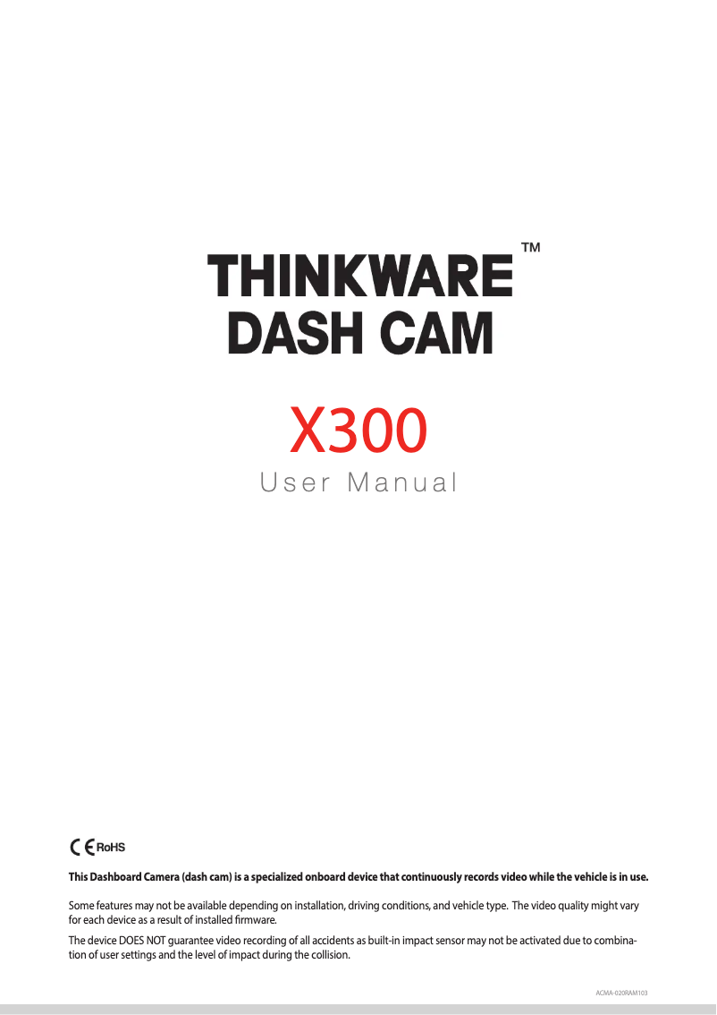Page 1 de la notice Manuel utilisateur Thinkware Dash Cam X300