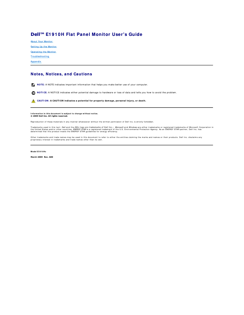 Page 1 de la notice Manuel utilisateur Dell E1910H