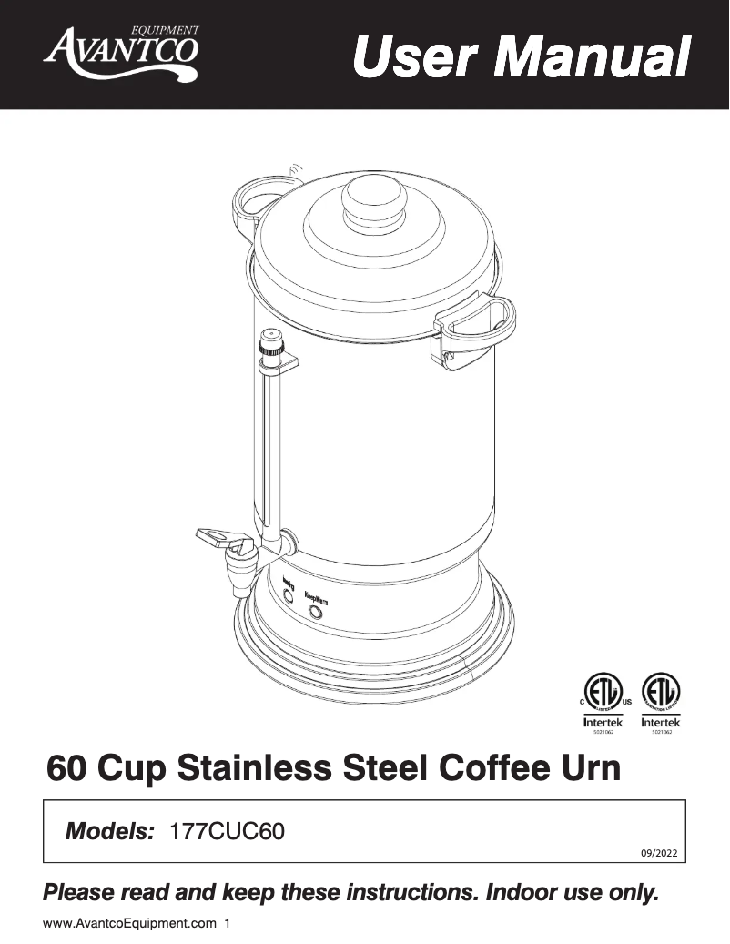 Page 1 de la notice Manuel utilisateur Avantco 177CUC60