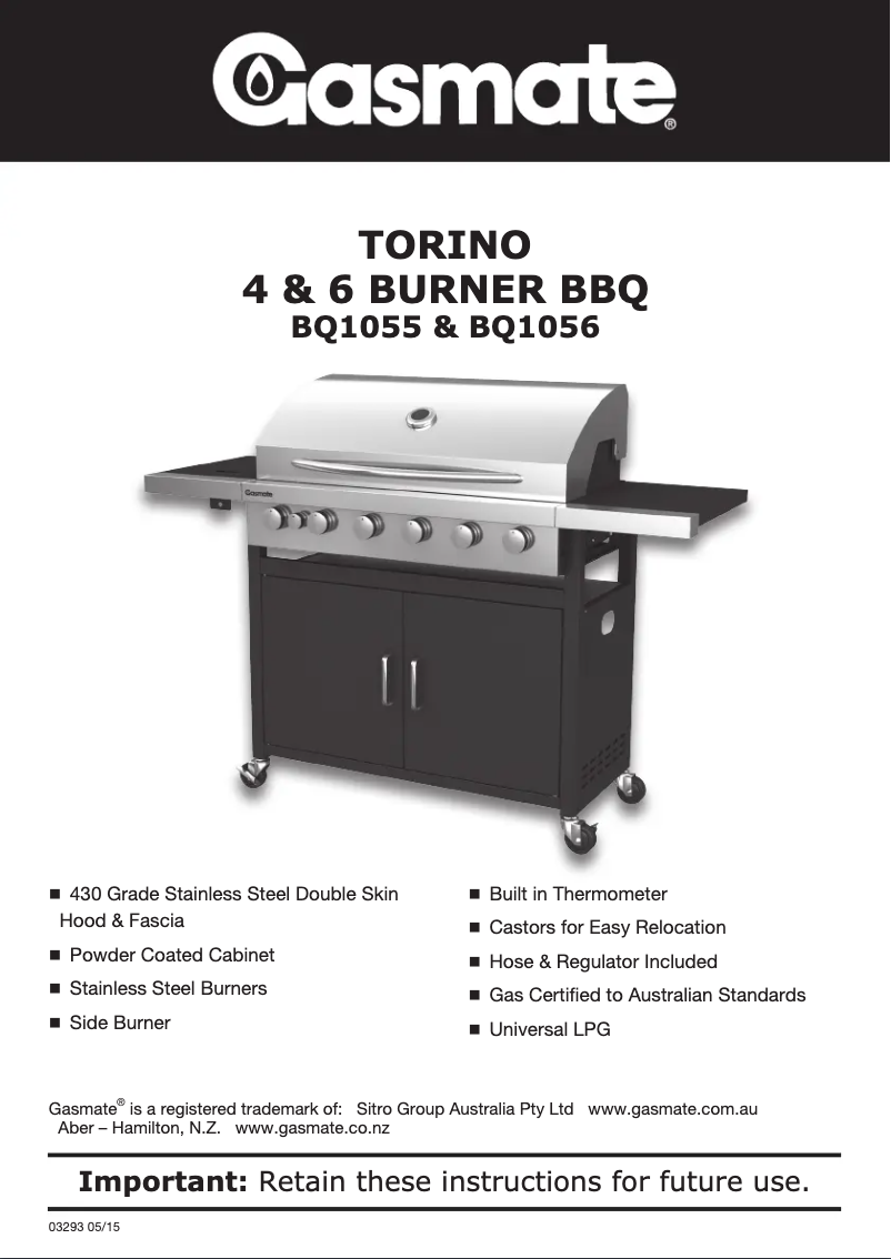 Page 1 de la notice Manuel utilisateur Gasmate Torino BQ1056