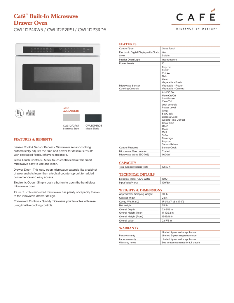 Page 1 de la notice Fiche technique Café CWL112