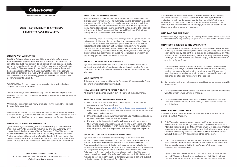 Page n°1 - Informations de garantie CyberPower RB1270X2A