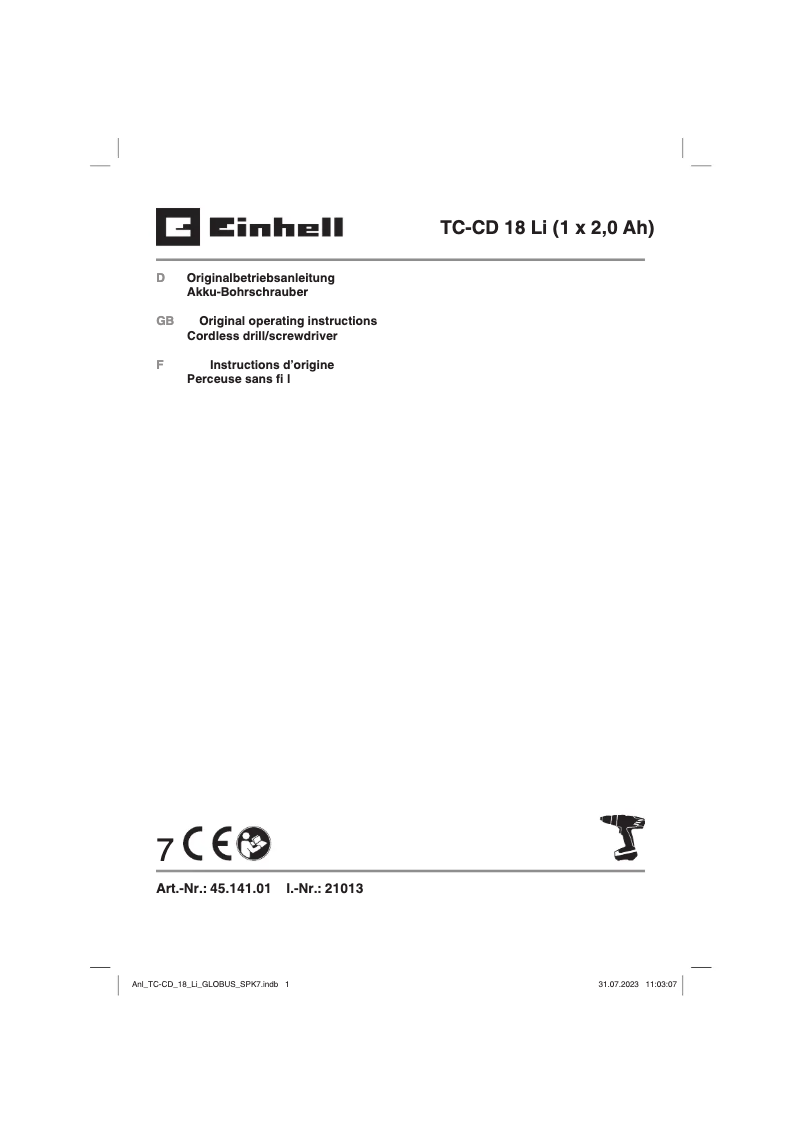 Page n°1 - Manuel utilisateur Einhell TC-CD 18 Li