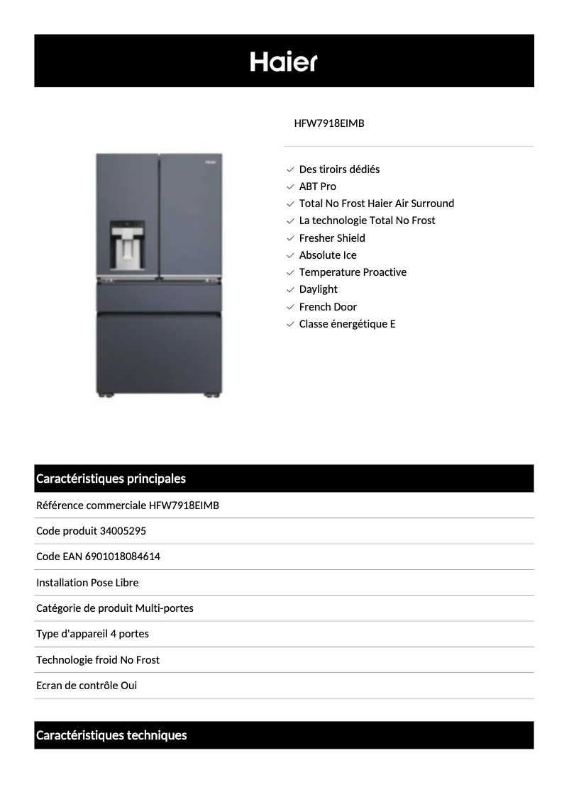 Página 1 del manual Ficha técnica Haier HFW7918EIMB