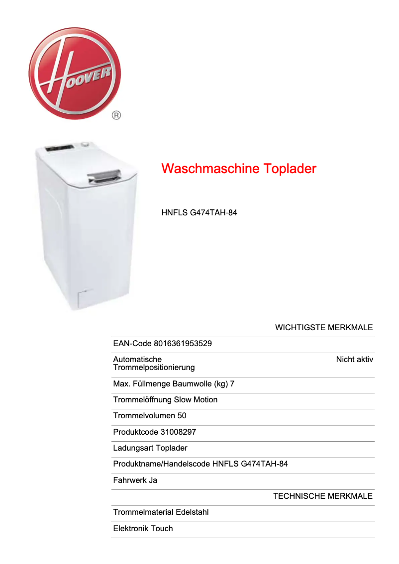 Page n°1 - Fiche technique Hoover HNFLS G474TAH-84