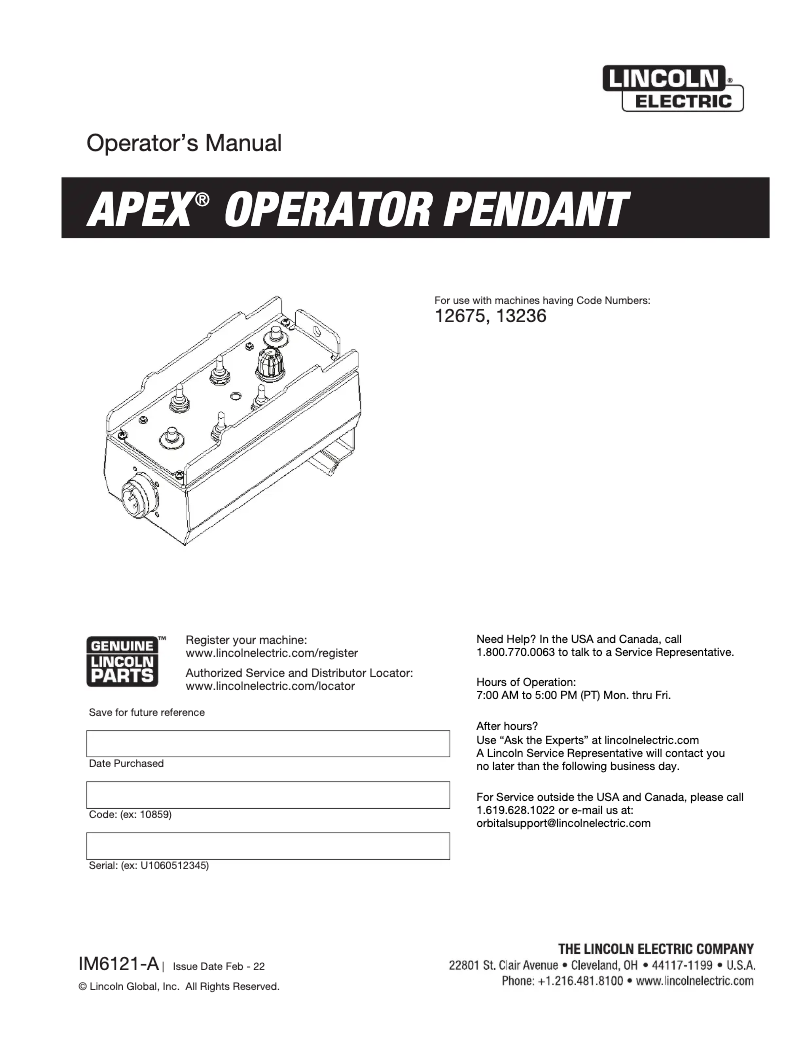 Page n°1 - Manuel utilisateur Lincoln Electric APEX Operator Pendant