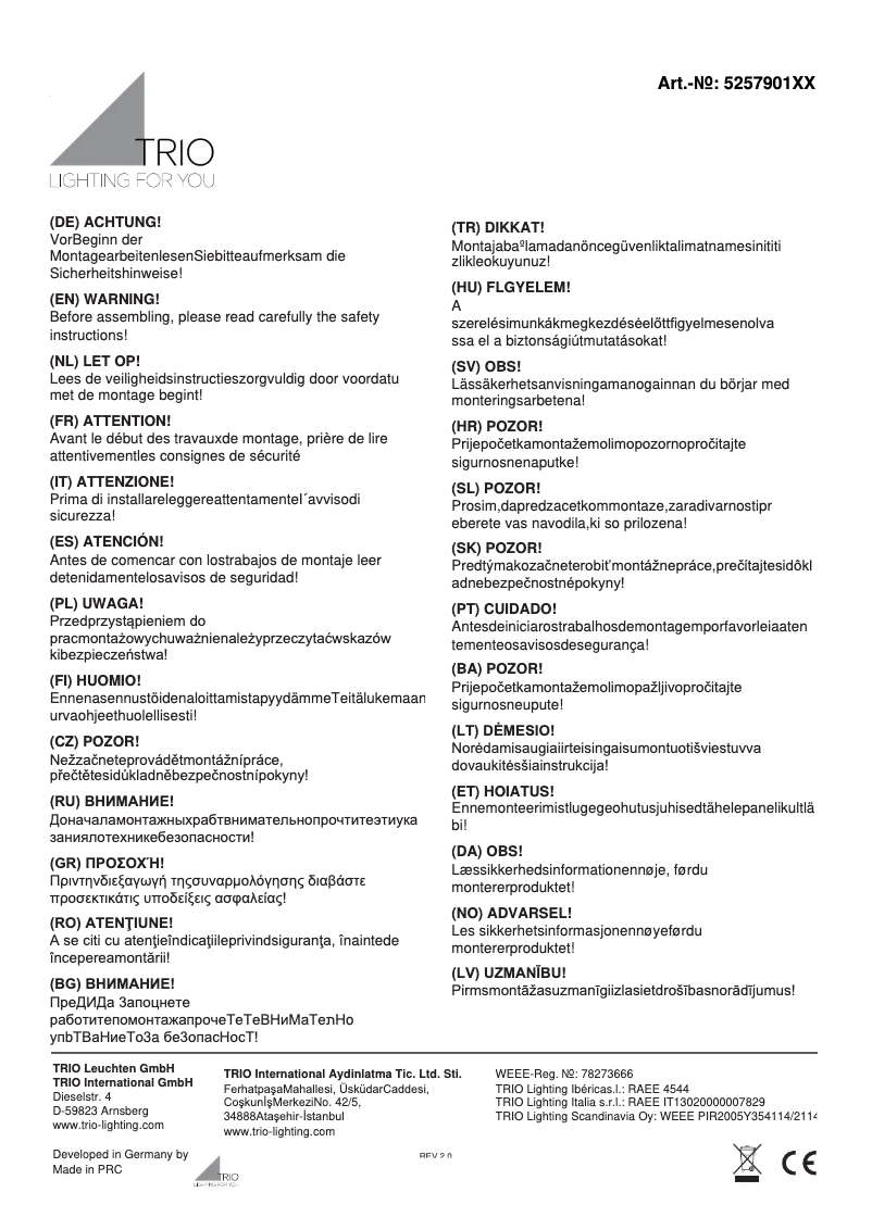 Page 1 de la notice Manuel utilisateur Trio Lighting Donna 525790108