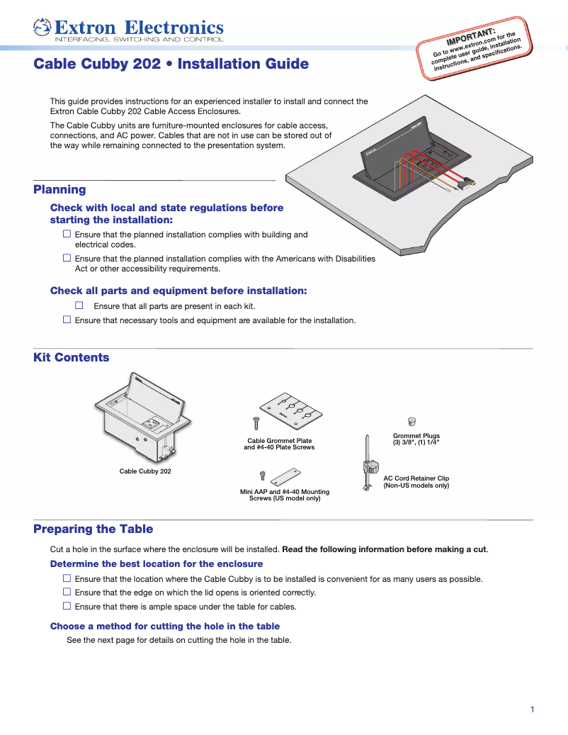 Page n°1 - Manuel utilisateur Extron Cable Cubby 202 EU