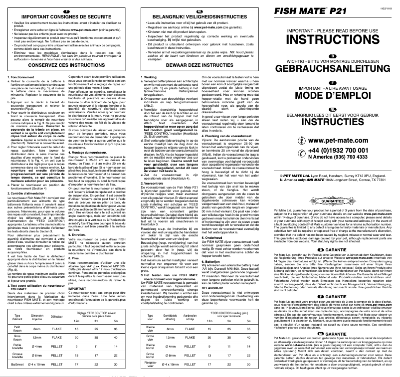 Page 1 de la notice Manuel utilisateur Closer Pets Fish Mate P21