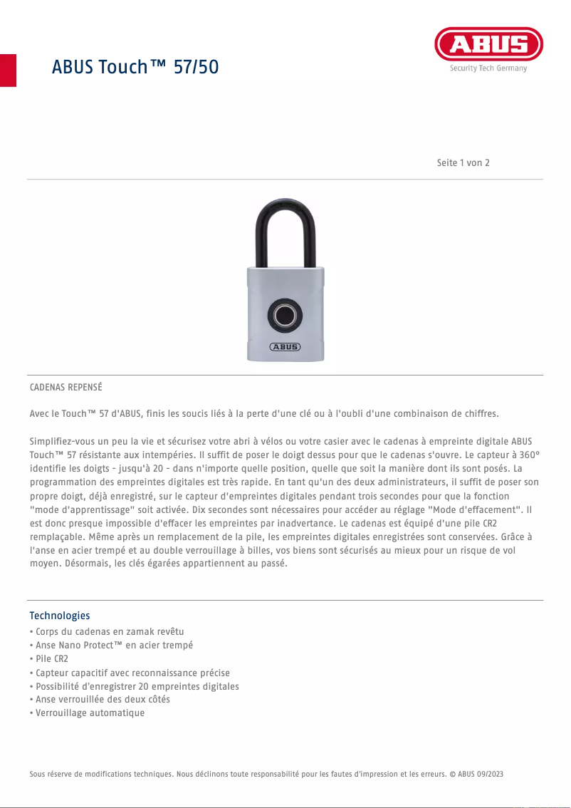 Page 1 de la notice Fiche technique Abus Touch 57