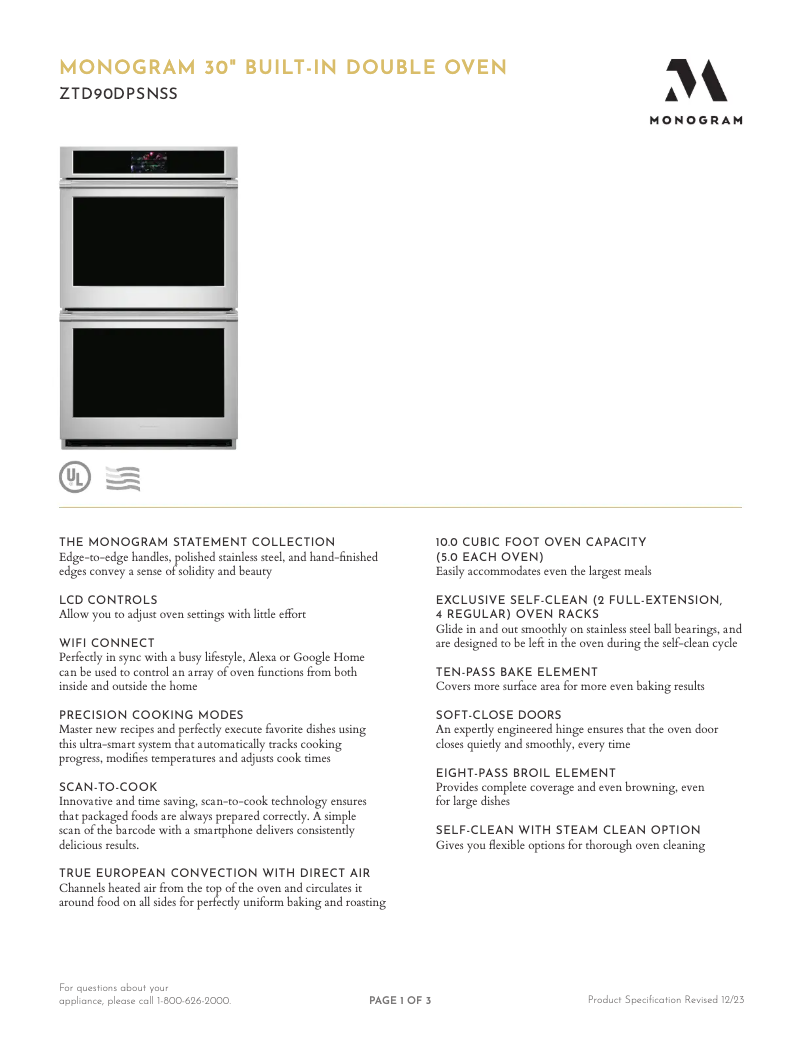 Page n°1 - Fiche technique Monogram ZTD90DPSNSS