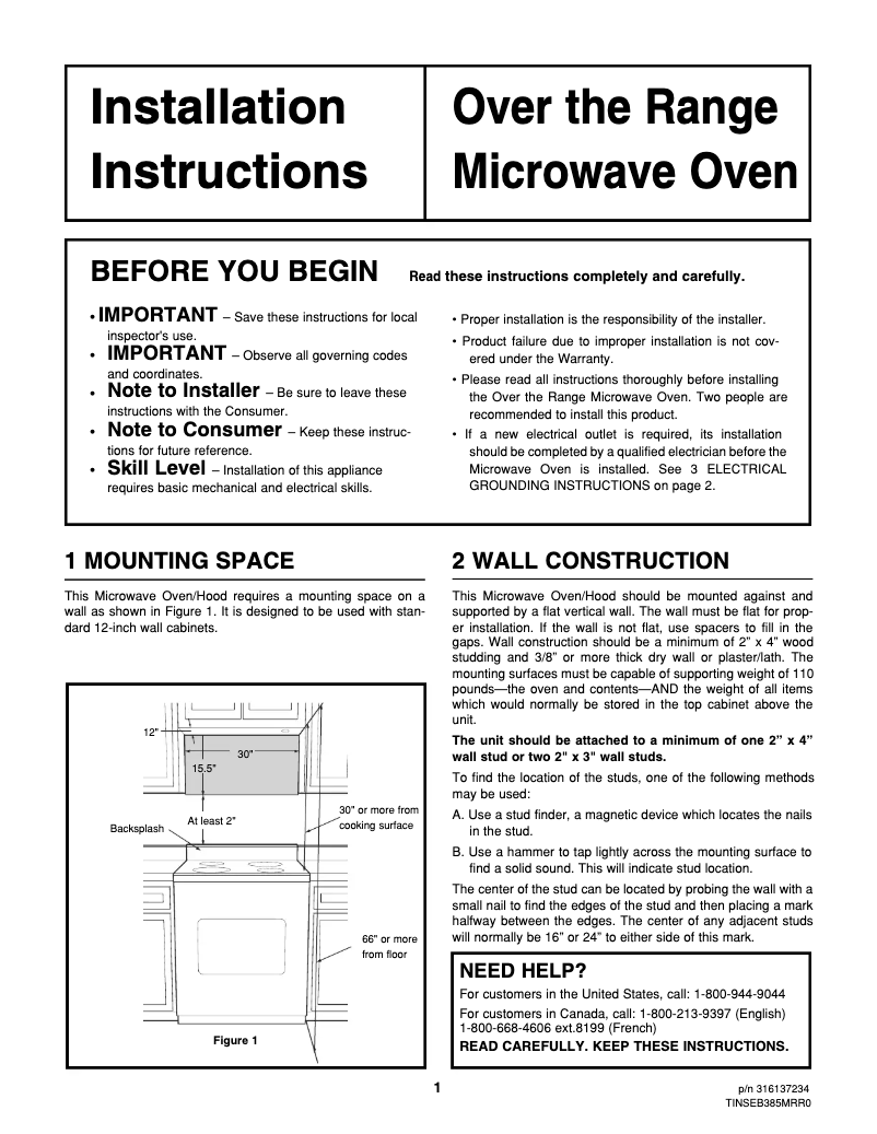 Page n°1 - Guide d'installation Frigidaire GLMV169DS