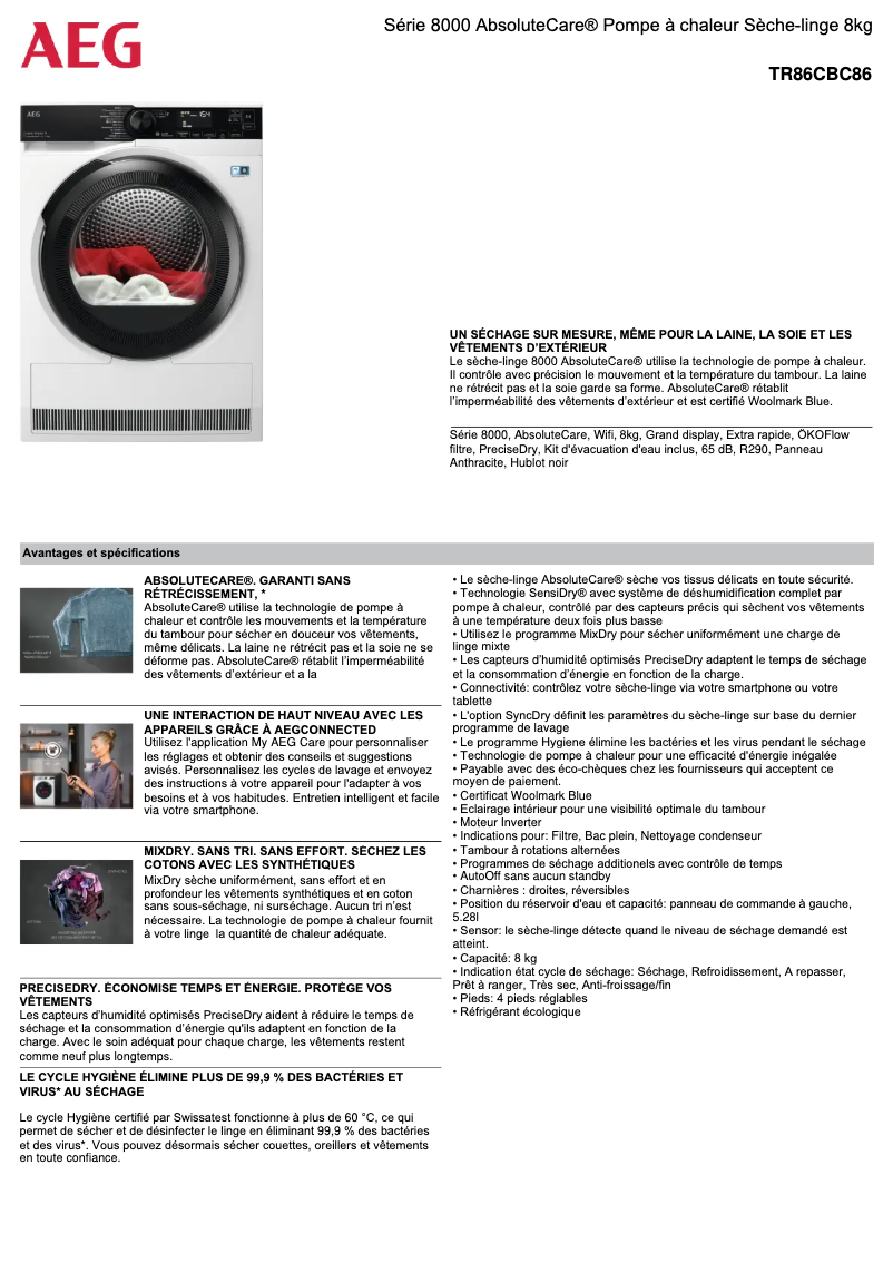 Page 1 de la notice Fiche technique AEG TR86CBC86
