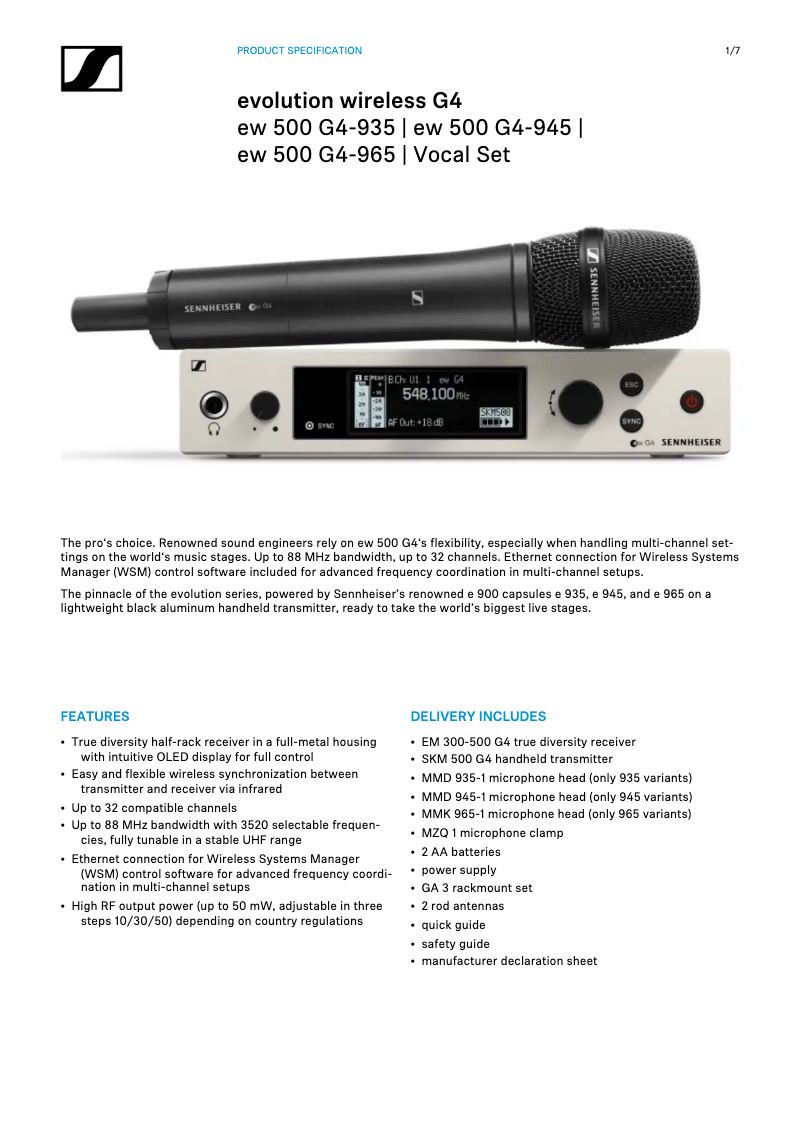 Page 1 de la notice Fiche technique Sennheiser ew 500 G4-945