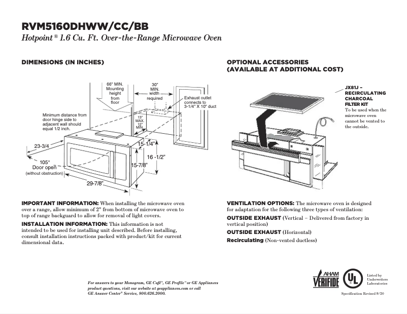 Page n°1 - Fiche technique GE RVM5160DHBB