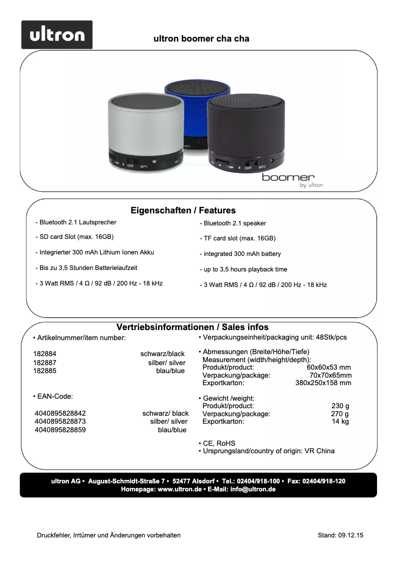 Page 1 de la notice Fiche technique Ultron Boomer cha cha