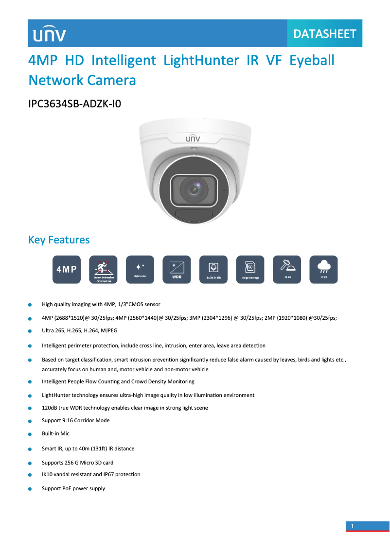 Page 1 de la notice Fiche technique UniView IPC3634SB-ADZK-I0