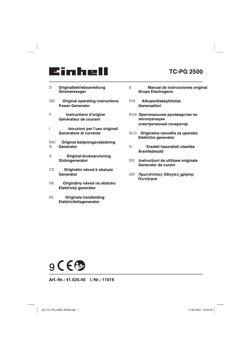 Page 1 de la notice Manuel utilisateur Einhell TC-PG 2500