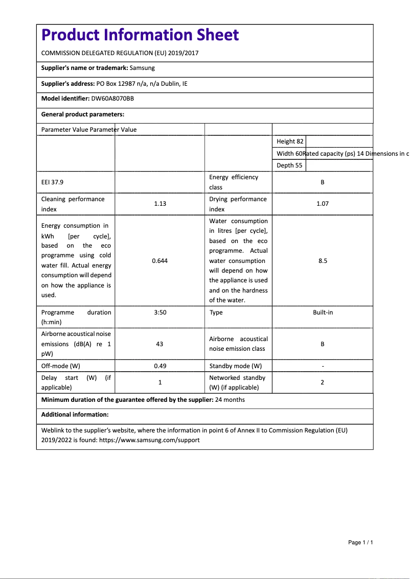 Image de la première page du manuel de l'appareil DW60A8070BB