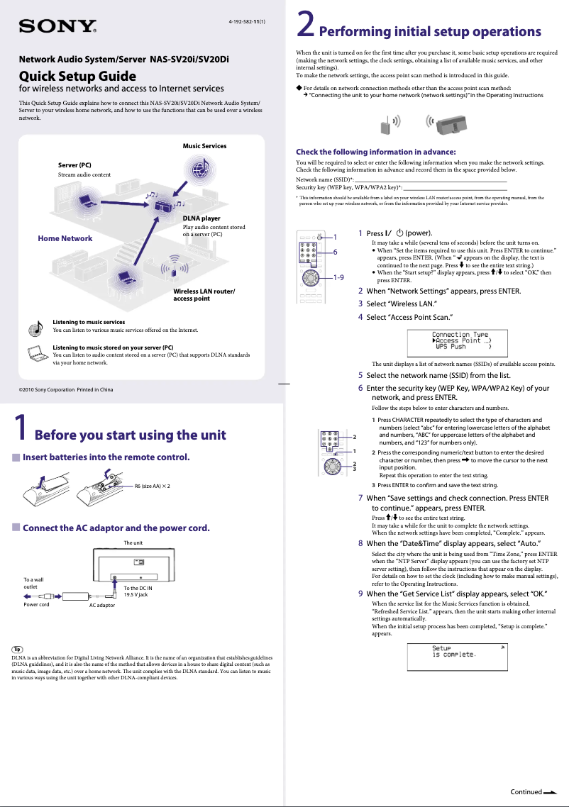 Página 1 del manual Guía de instalación Sony NAS-SV20i