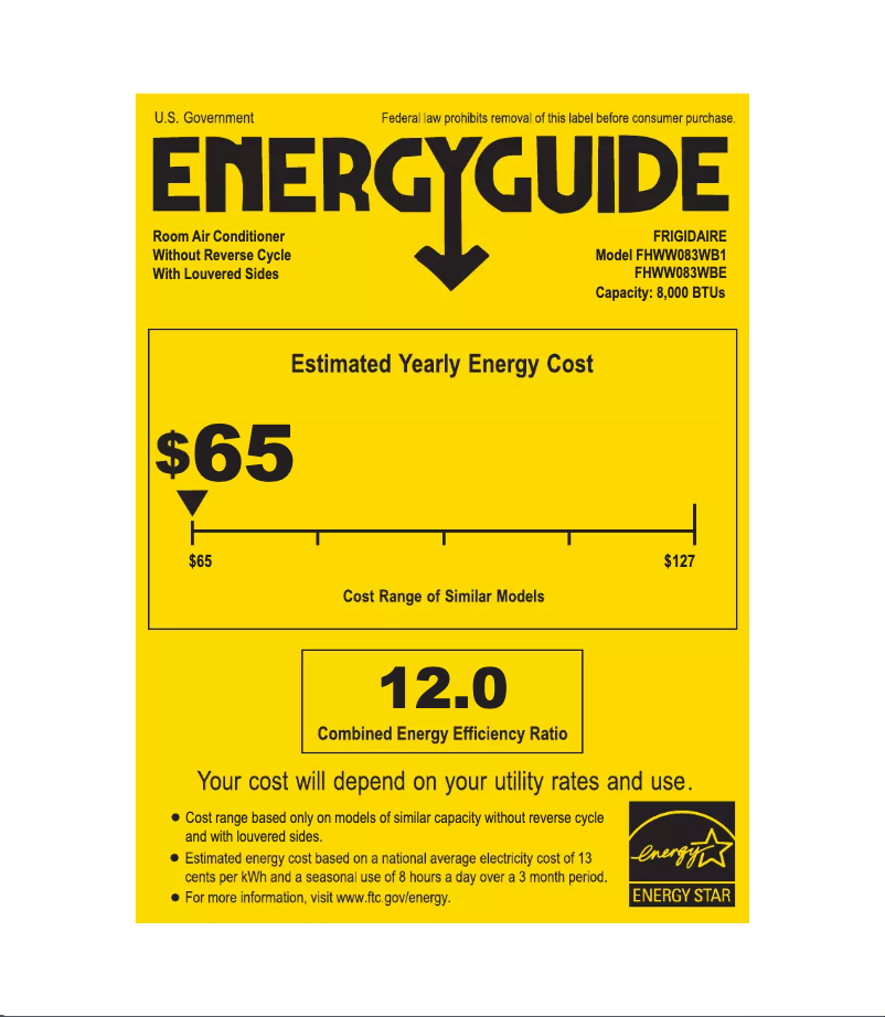 Page 1 de la notice Label énergétique Frigidaire FHWW083WBE