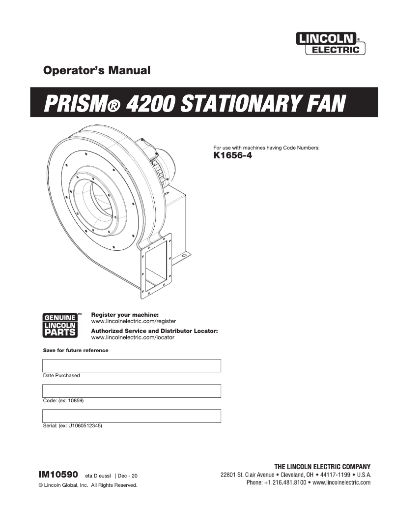 Page n°1 - Manuel utilisateur Lincoln Electric Prism 4200 Stationary Fan