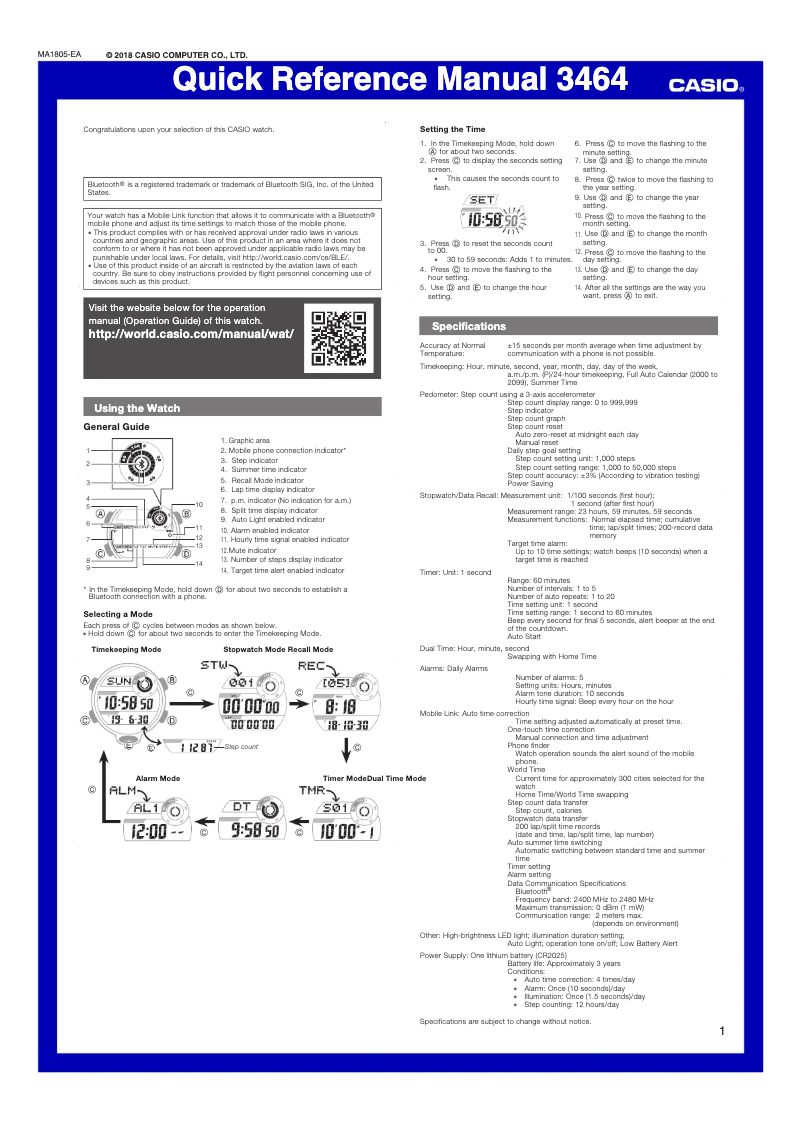 Page 1 de la notice Guide de démarrage rapide Casio 3464