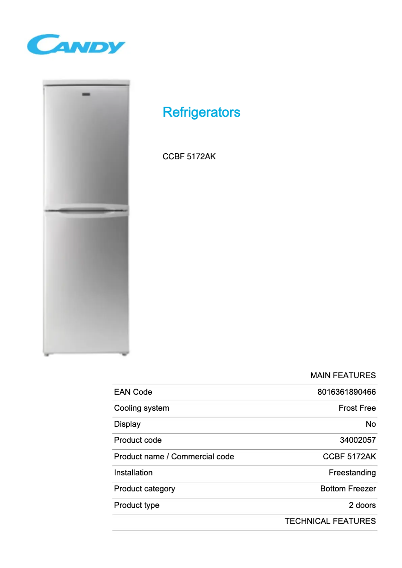 Page 1 de la notice Fiche technique Candy CCBF 5172AK