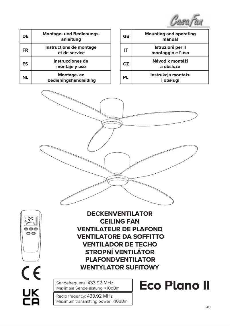 Page 1 de la notice Manuel utilisateur CasaFan Eco Plano II