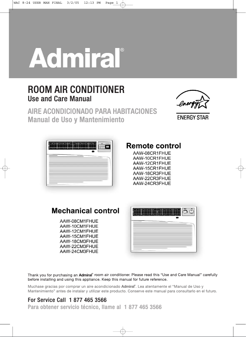 Page 1 de la notice Manuel utilisateur Admiral AAW-18CR3FHUE