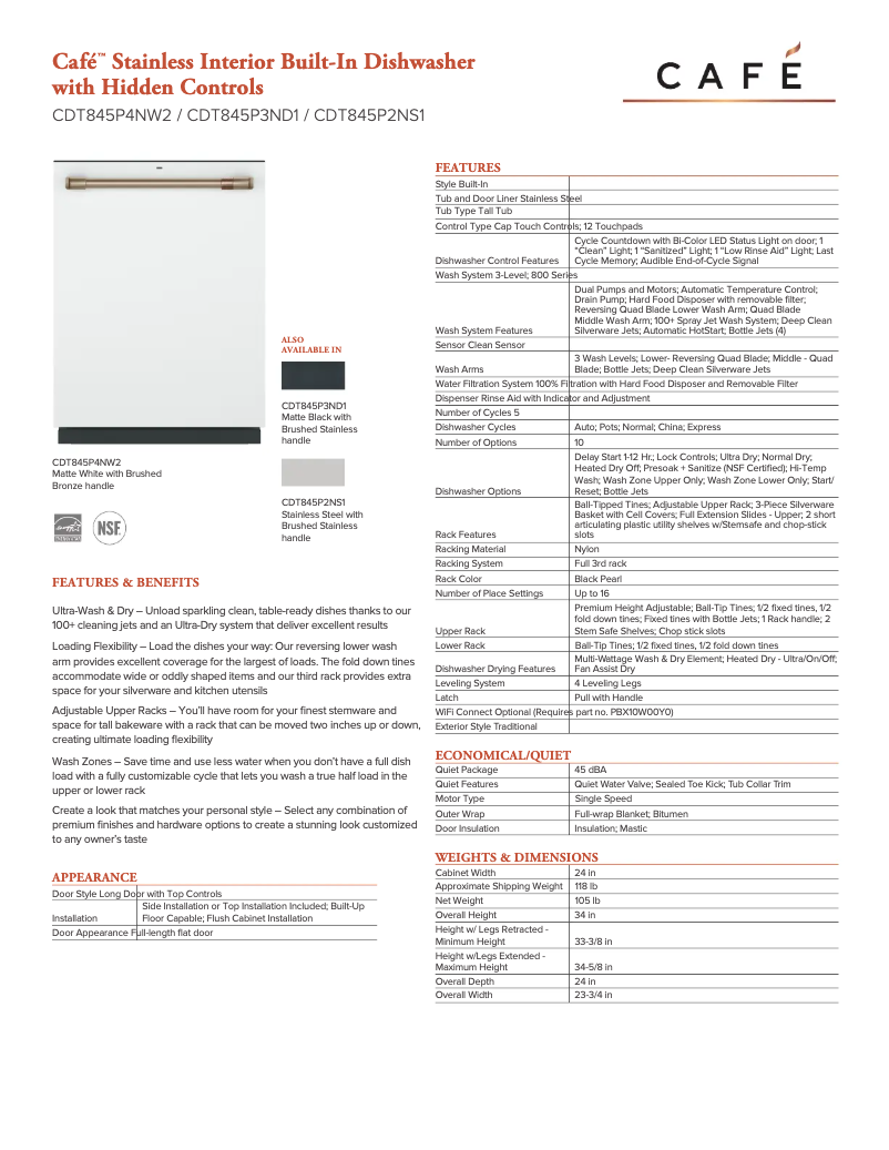 Page n°1 - Fiche technique GE CDT845P4NW2