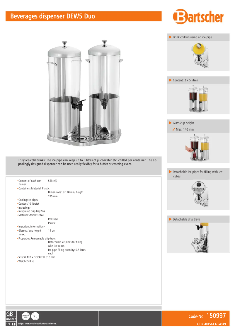 Page 1 de la notice Fiche technique Bartscher DEW5 Duo 150997
