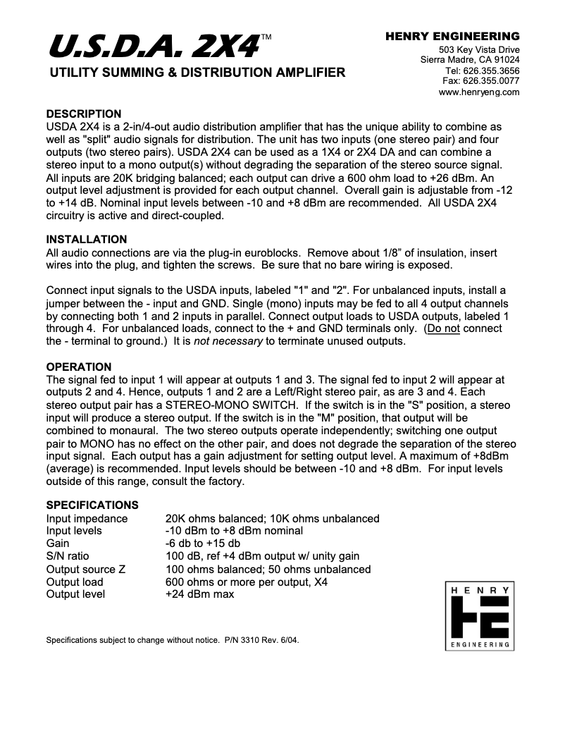 Page 1 de la notice Manuel utilisateur Henry Engineering U.S.D.A. 2X4