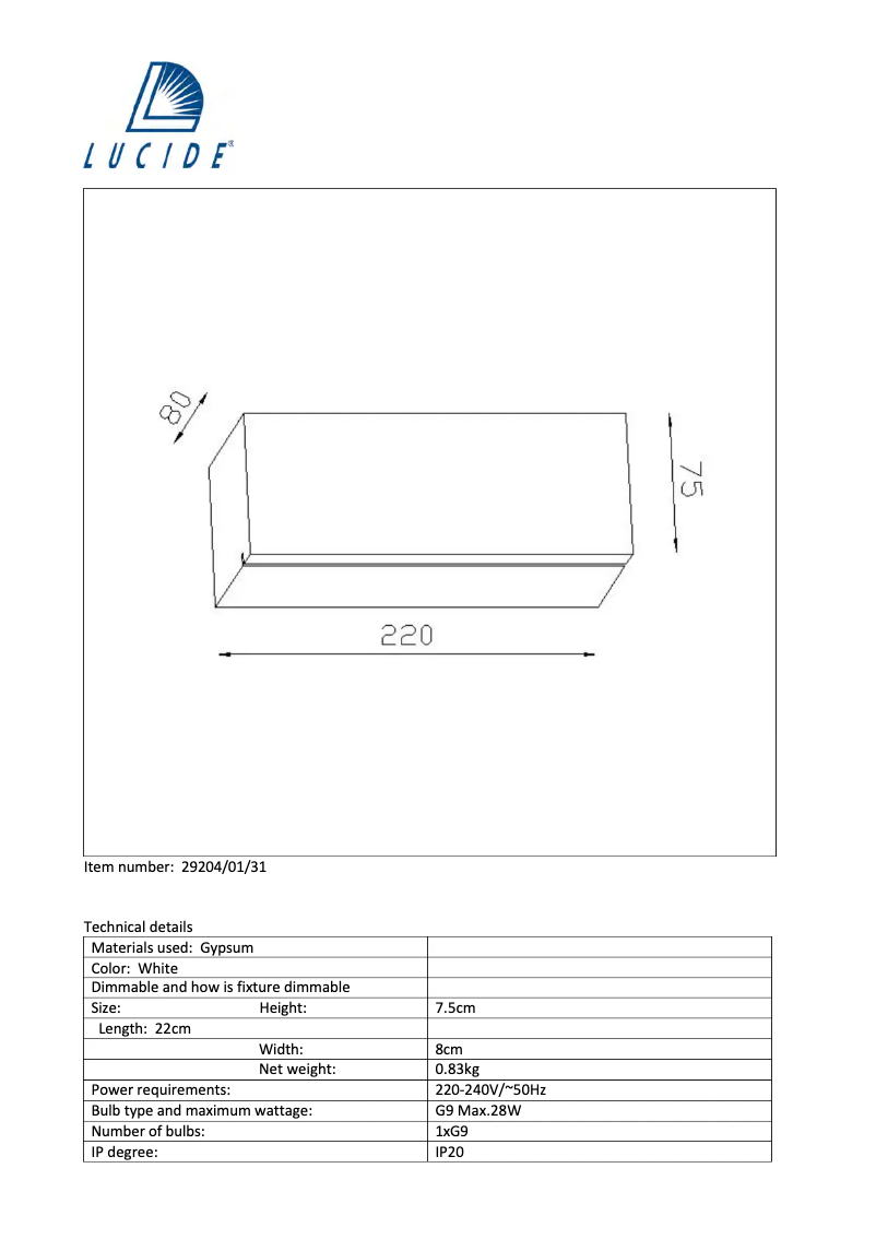 Page 1 de la notice Manuel utilisateur Lucide Blanko 29204/01/31